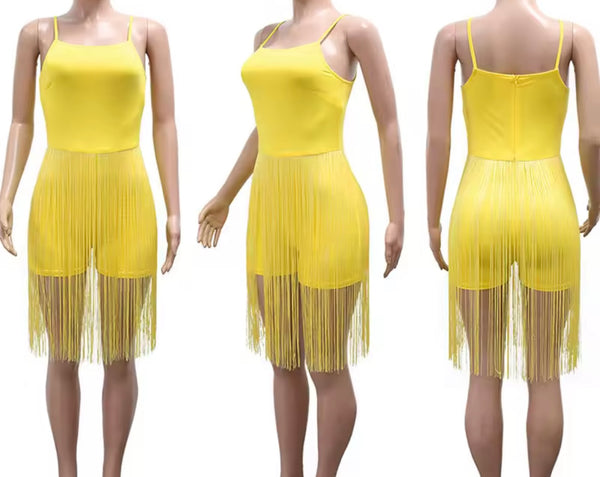 Women Yellow Sleeveless Sexy Fringe Tassel Romper