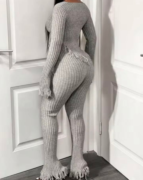 Women Gray Ribbed Fringe Full Sleeve Fashion Two Piece Pant Set