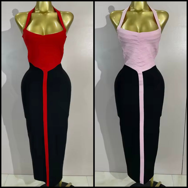 Women Sexy Color Patchwork Halter Sleeveless Maxi Dress