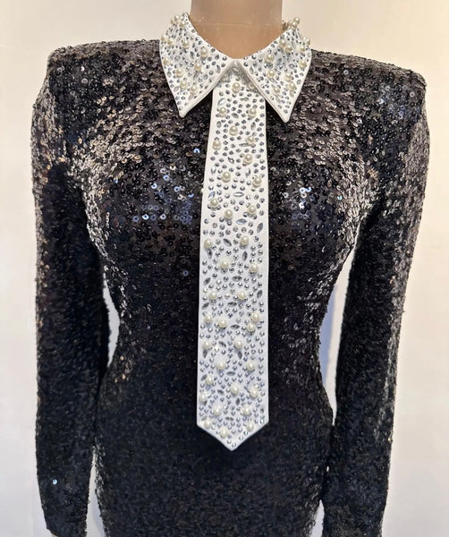 Women Sexy B&W Pearl Bling Tie Full Sleeve Sequins Open Back Dress