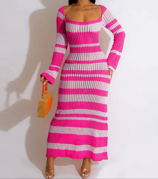 Women Sexy Color Patchwork Striped Knitted Maxi Dress