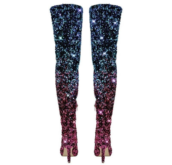 Women Over The Knee Color Patchwork Sequins Fashion Boots