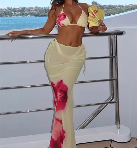 Women Sexy Halter Floral Mesh Bikini Cover Up Set