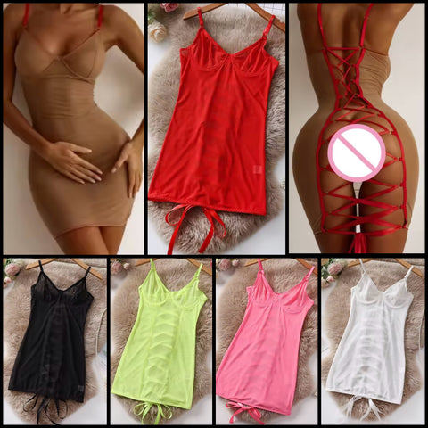 Women Sexy Sleeveless Open Back Lace Up Mesh Nightgown Lingerie
