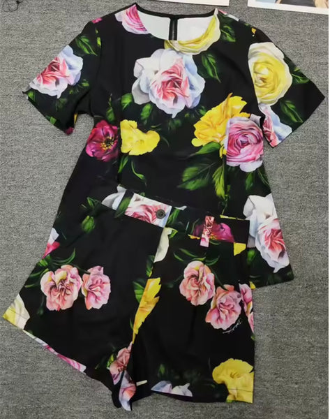 Women Black Floral Print Fashion Two Piece Short Set