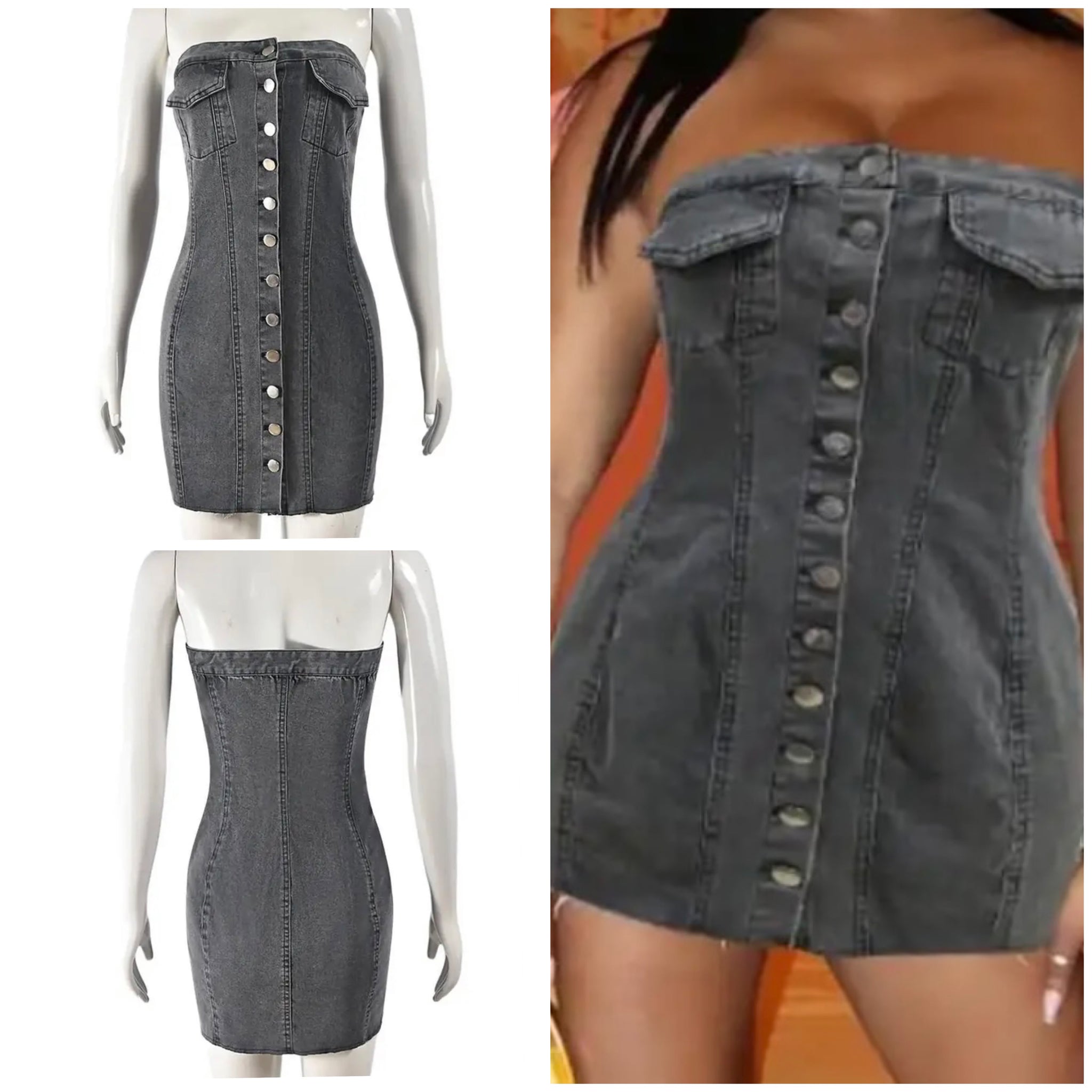 Women Gray Sexy Button Up Strapless Denim Dress