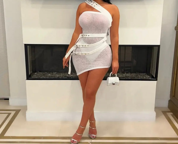 Women Sexy Buckled One Shoulder Sleeveless See Through Dress