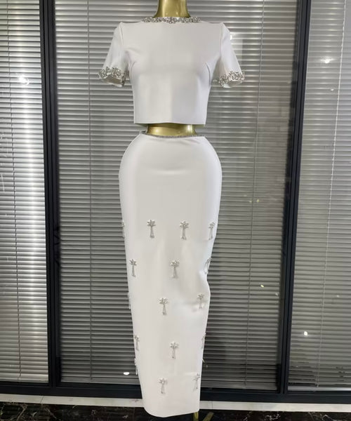 Women Rhinestone Short Sleeve Crop Two Piece Maxi Skirt Set