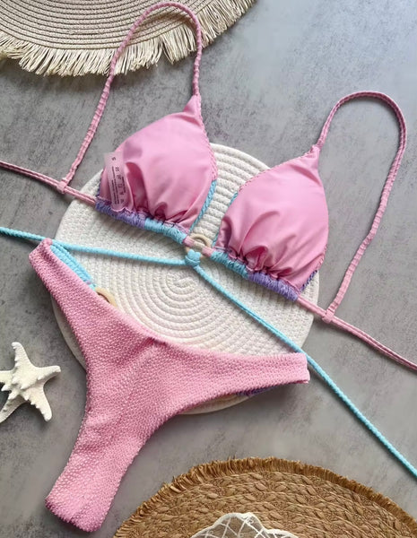 Women Sexy Halter Tie Up Color Patchwork Bikini Swimsuit