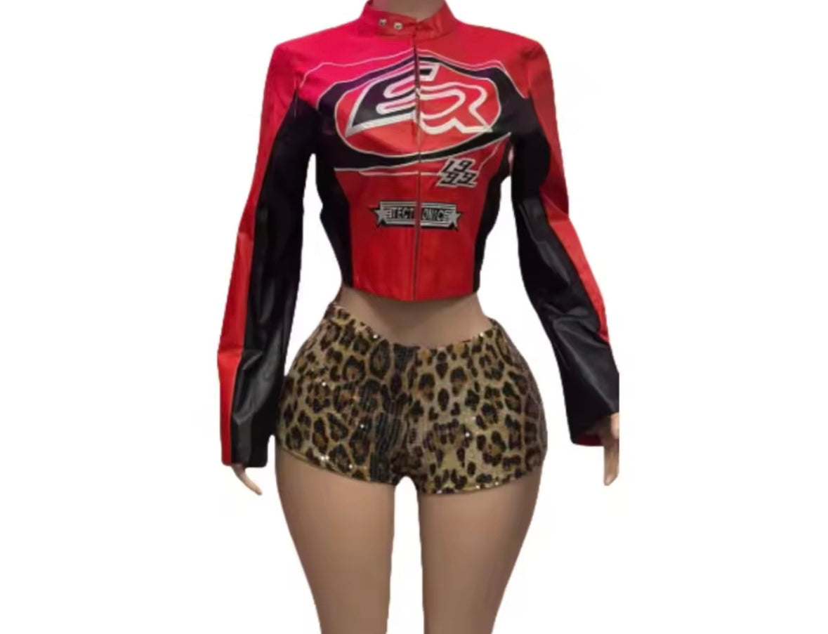 Women Fashion Faux Leather Jacket Two Piece Leopard Short Set