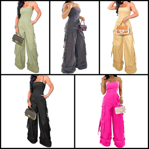 Women Sexy Sleeveless Buckled Cargo Wide Leg Jumpsuit