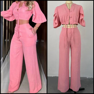 Women Pink Button Up Short Sleeve Fashion Two Piece Pant Set