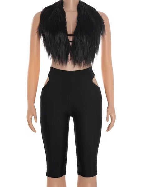 Women Sexy Feather Halter Sleeveless Two Piece Capri Pant Set