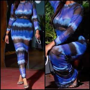 Women Full Sleeve Sexy Color Gradient Mesh Maxi Dress