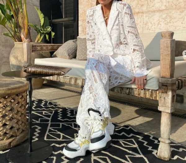 Women Sexy Fashion Full Sleeve Lace Blazer Two Piece Pant Set