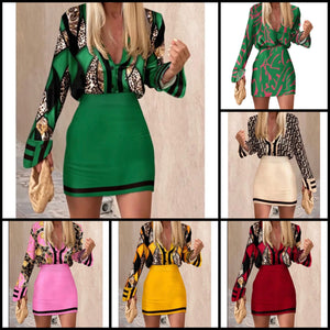 Women Printed Full Sleeve Sexy Two Piece Skirt Set
