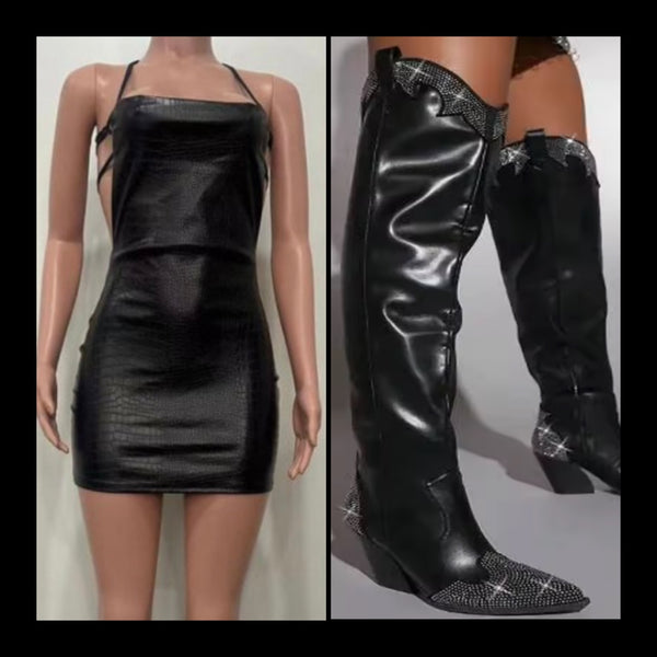 Women Fashion Black Bling Faux Leather Over The Knee Western Boots