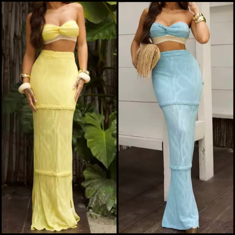 Women Sexy Strapless Printed Mesh Two Piece Maxi Skirt Set