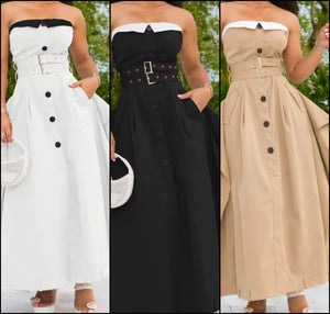 Women Sexy Strapless Button Up Color Patchwork Belted Dress