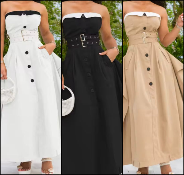 Women Sexy Strapless Button Up Color Patchwork Belted Dress
