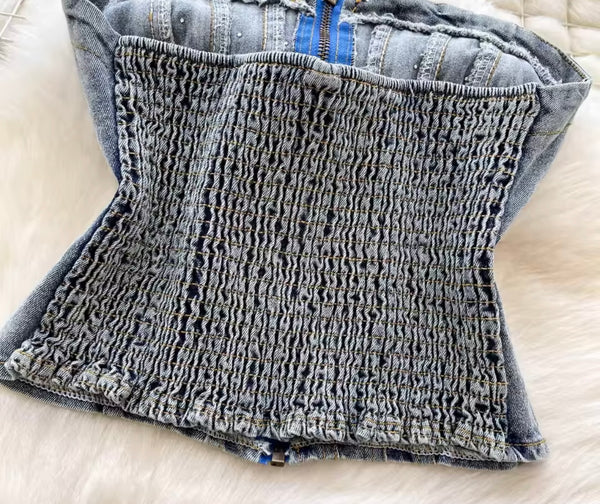 Women Zipper Strapless Denim Two Piece Pleated Skirt Set