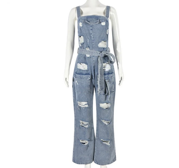 Women Fashion Sleeveless Ripped Denim Jumpsuit