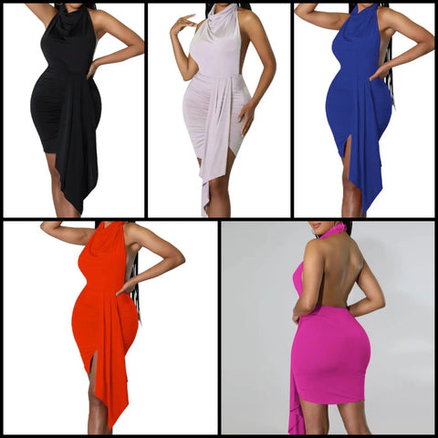 Women Sexy Sleeveless Halter Solid Color Asymmetrical Dress