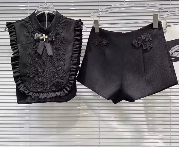 Women Black Pleated Lace Bow Sleeveless Two Piece Short Set