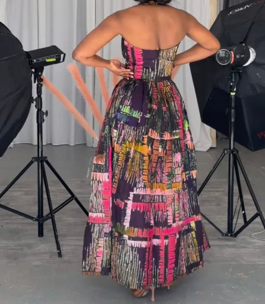 Women Sexy Multicolored Print Halter Sleeveless Maxi Dress