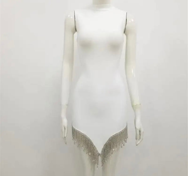 Women White Sexy Sleeveless Bling Tassel Dress
