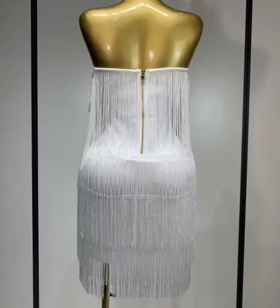Women Sexy Strapless Solid Color Fringe Tassel Dress