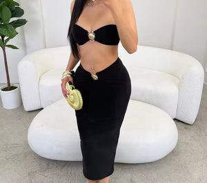 Women Sexy Strapless Shell Two Piece Maxi Skirt Set