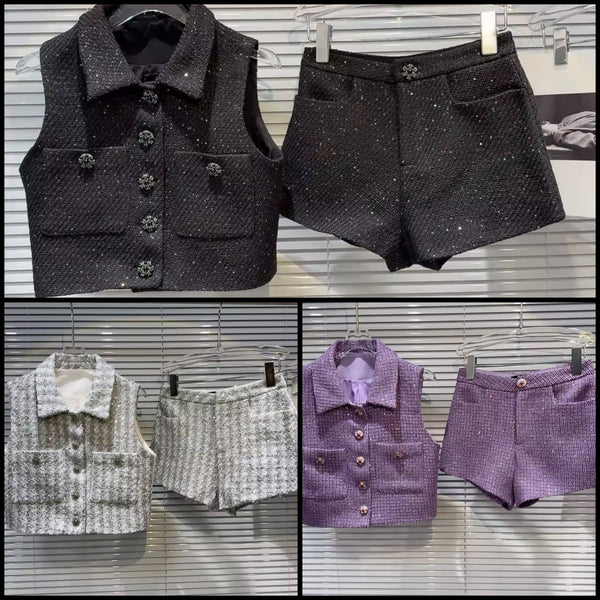 Women Button Up Sleeveless Tweed Two Piece Short Set