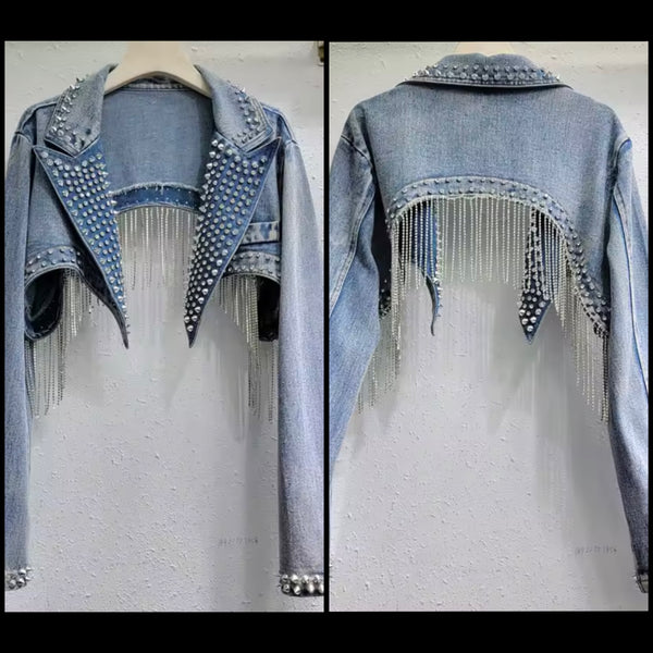 Women Rivet Rhinestone Tassel Fashion Denim Crop Jacket