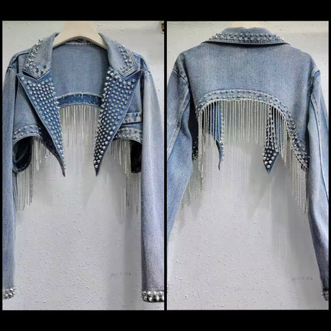 Women Rivet Rhinestone Tassel Fashion Denim Crop Jacket