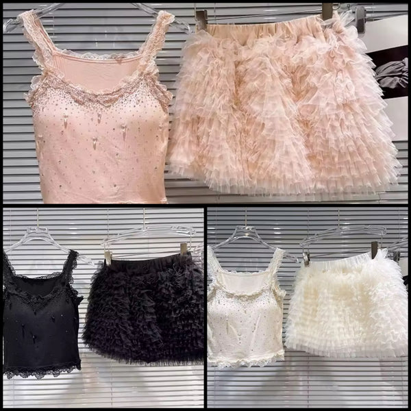 Women Beaded Tank Top Two Piece Ruffled Skirt Set