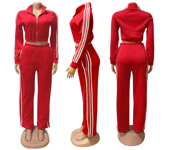 Women Striped Zip Up Fashion Two Piece Tracksuit Pant Set