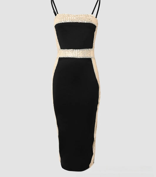 Women Sexy Sleeveless Black Gold Sequins Patchwork Dress