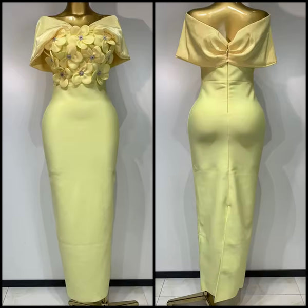 Women Yellow Floral Rhinestone Off The Shoulder Maxi Dress