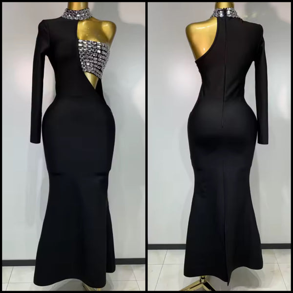 Women Black Sexy Rhinestone One Shoulder Full Sleeve Maxi Dress