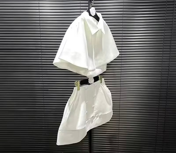 Women White Fashion Collar Shawl Two Piece Skirt Set