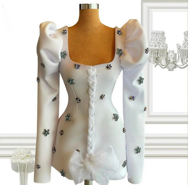 Women Sexy White Full Sleeve Crystal Bow Dress