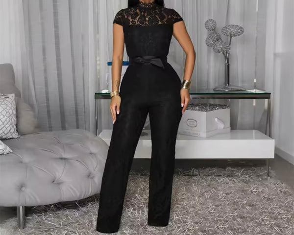 Women Sexy Fashion Lace Short Sleeve Two Piece Jumpsuit
