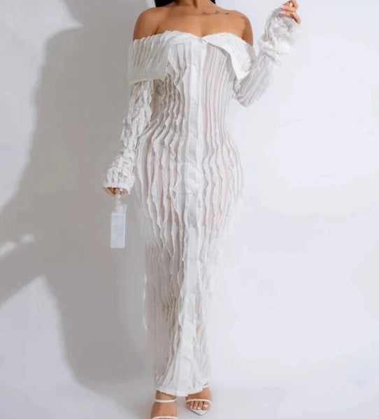 Women Sexy Off The Shoulder Full Sleeve Ruched See Through Maxi Dress