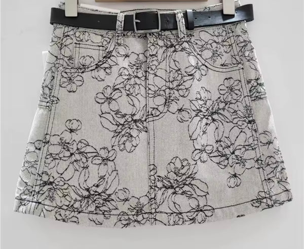 Women Fashion Gray Embroidered Floral Denim Skirt