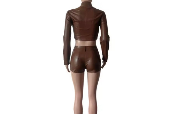 Women Color Fashion Faux Leather Jacket Two Piece Short Set