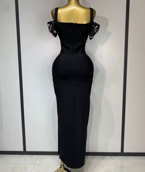 Women Sleeveless Rhinestone Crystal Black Bandage Maxi Dress