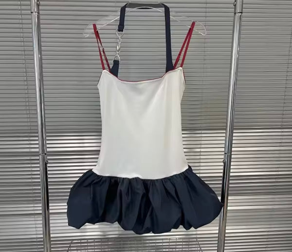 Women Sexy Halter Sleeveless Color Patchwork Bubble Dress