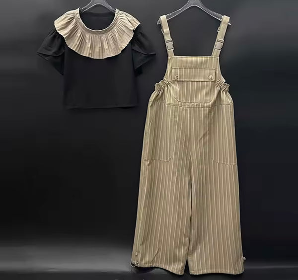 Women Ruffle Collar Short Sleeve Two Piece Overalls Pant Set