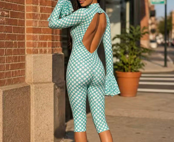 Women Polka Dot Ruffle Full Sleeve Open Back Headband Romper Set